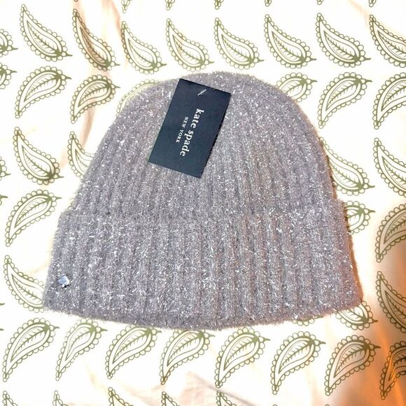Kate Spade New York Heather Grey Silver Tinsel Knit Beanie Winer Hat OS NWT main image 6